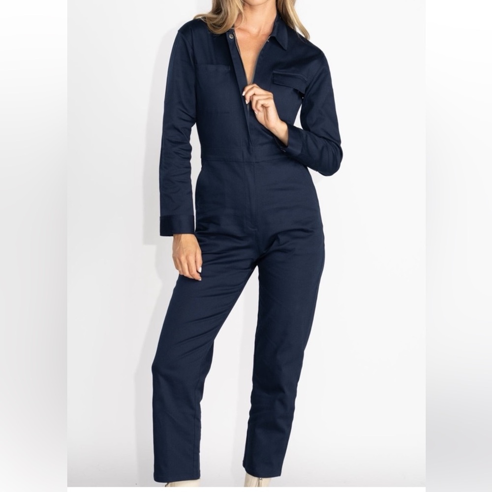 Rivet Utility Bigwig Cotton Straight-Leg Jumpsuit in Navy Stretch